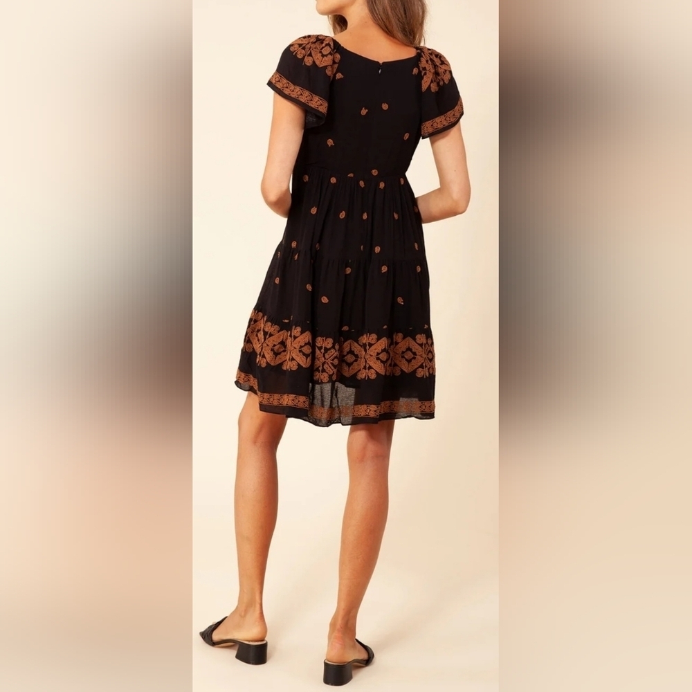 Hale Bob Black Mini Dress with Brown Embroidery -Size XS -100% Rayon - Picture 2 of 8
